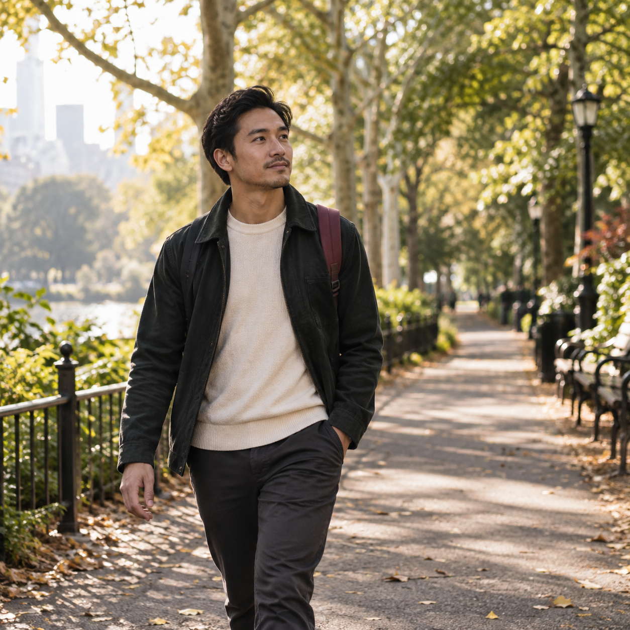 A man walking outdoors while reflecting