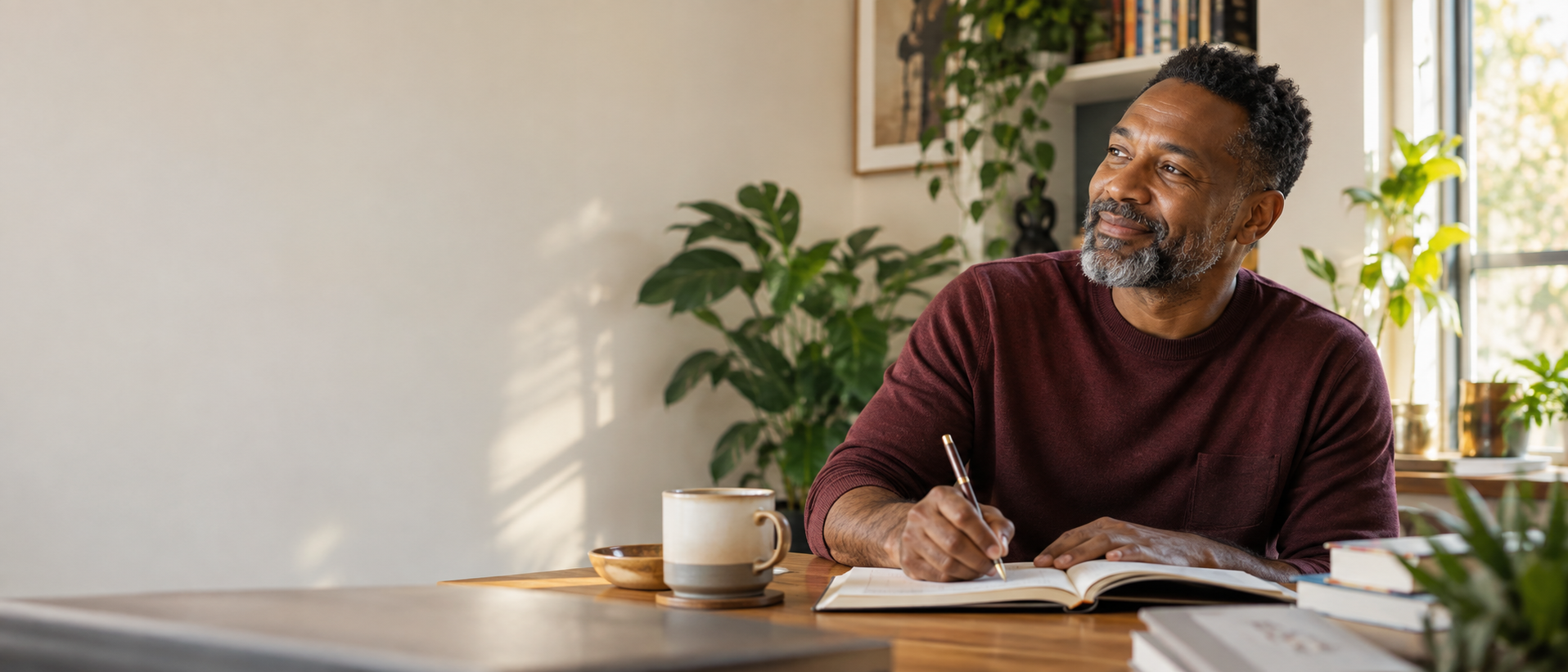 A man reflecting and writing in a journal