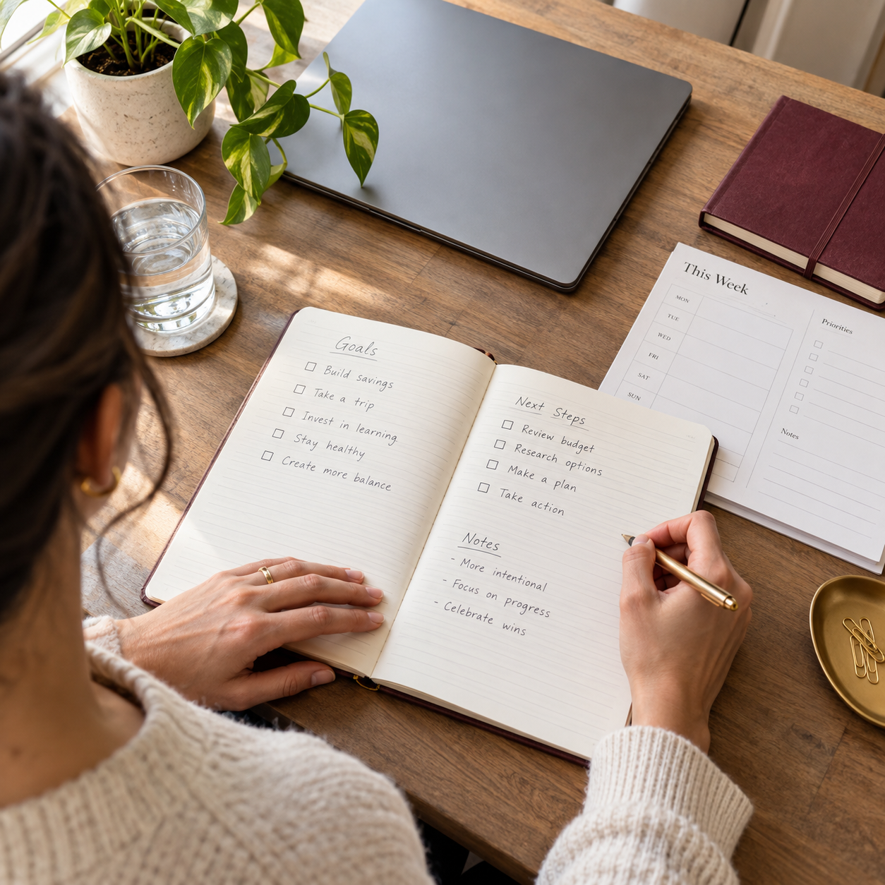 A person organizing goals and next steps in a journal